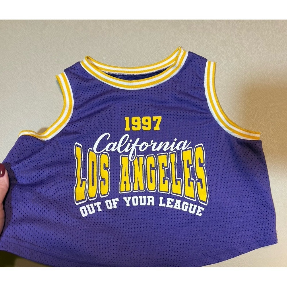 Women SMALL Orange Kiss Los Angeles 1997 Out Of Your League Crop Top Jersey EUC